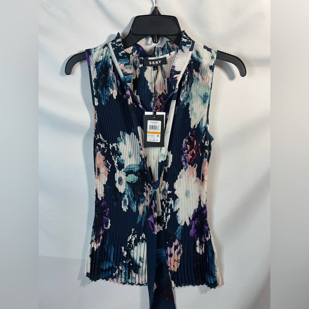 DKNY navy pleated floral sleeveless tie neck top